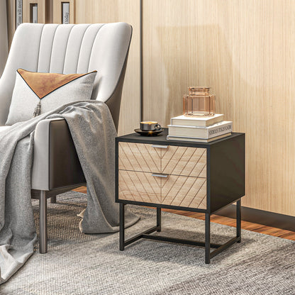 Modern Bedside Table with 2 Drawers and Steel Frame, Sofa Side Table for Bedroom Living Room, White and Oak