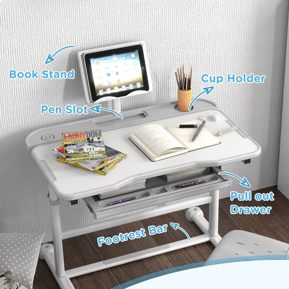 Height Adjustable Kids Desk and Chair Set with Tilt Desktop, Large Writing Board, Storage Drawer, Book Stand, Grey