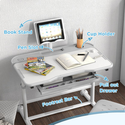Height Adjustable Kids Desk and Chair Set with Tilt Desktop, Large Writing Board, Storage Drawer, Book Stand, Grey