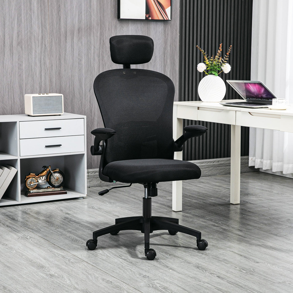 Office Chair, Mesh Computer Desk Chair with Adjustable Headrest, 4D Lumbar Support, Flip-up Arm, Grey