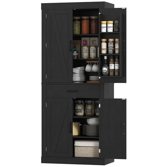 72" Kitchen Pantry Cabinet, Farmhouse Kitchen Storage Cabinet with 4 Barn Doors, 6 Door Shelves, Drawer, Black