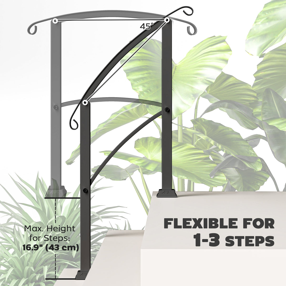 2-3 Step Handrails for Outdoor Steps, Metal Outdoor Stair Railing, Porch Deck Railing with Installation Kit, Black