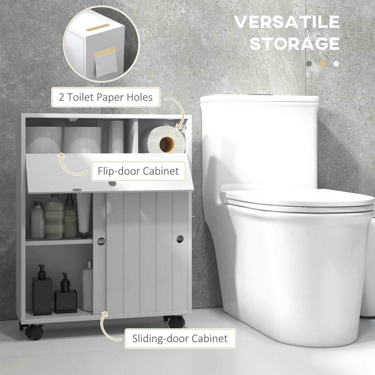 Bathroom Storage Cabinet, Bathroom Cabinet with 4 Rolling Wheels and Paper Holes, 20.5" x 6.75" x 26.5", White