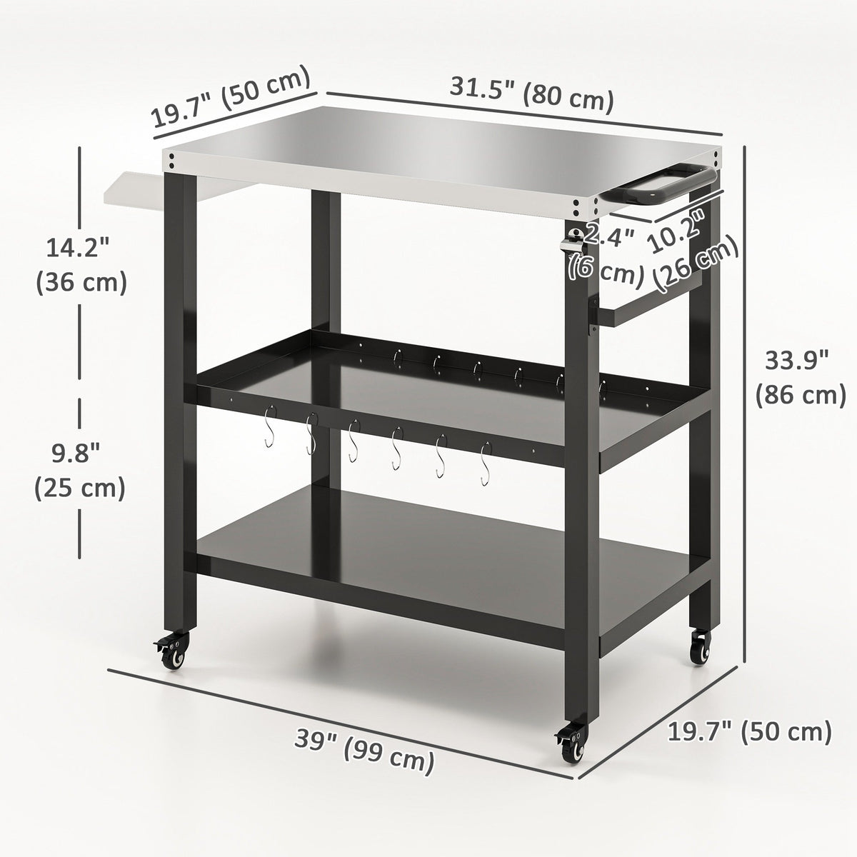 Outdoor Kitchen Bar Cart BBQ Table with Wheels, Stainless Steel Pizza Oven Stand, Movable Prep Table with Hooks