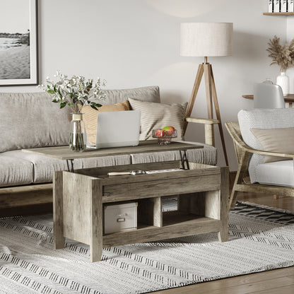 Lift Top Coffee Table with Hidden Storage Compartment and Open Shelves, Lift Tabletop Pop-Up Center Table for Living Room, Dark Walnut