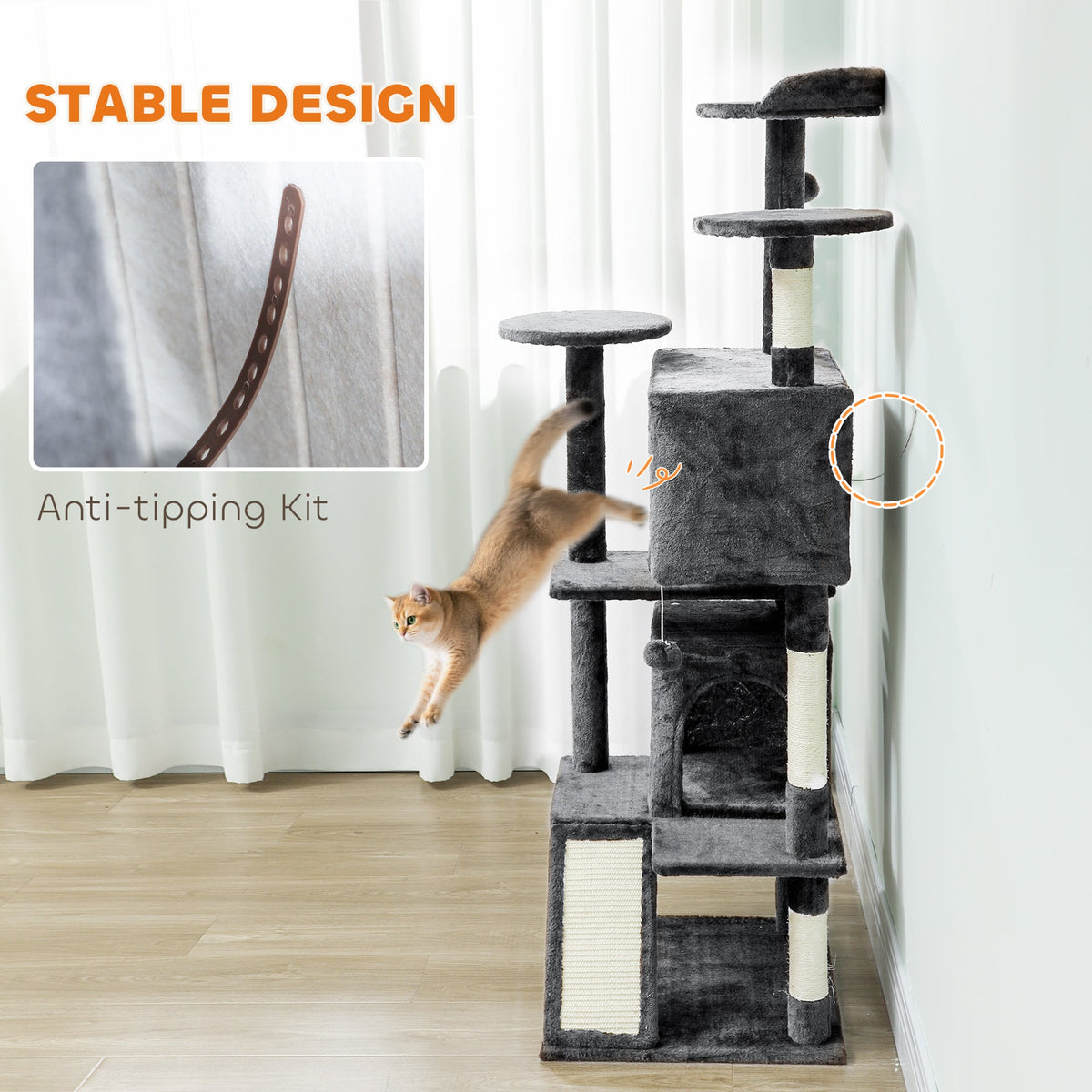 54" Cat Tree, Multi-Level Cat Tower with Scratching Posts, Cat Condos, Bed, Platforms, Ramp, Toy Ball, Beige
