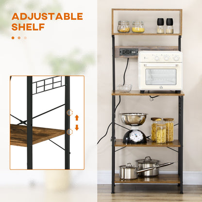 Baker's Rack with Charing Station, Microwave Shelf with Power Outlet, USB Charger and 5 Hooks, Black