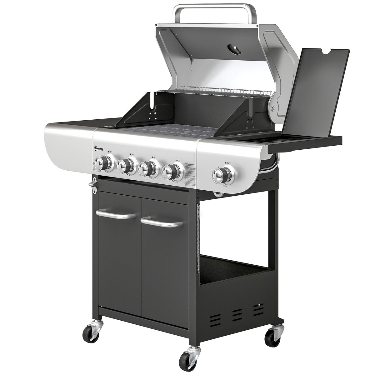 4 Burner Propane Gas Grill with Side Burner, 53,000 BTU BBQ Grill with Cast Iron Grates, Wheels, Warming Rack, Cabinet