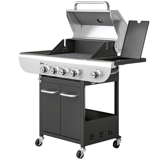 4 Burner Propane Gas Grill with Side Burner, 53,000 BTU BBQ Grill with Cast Iron Grates, Wheels, Warming Rack, Cabinet
