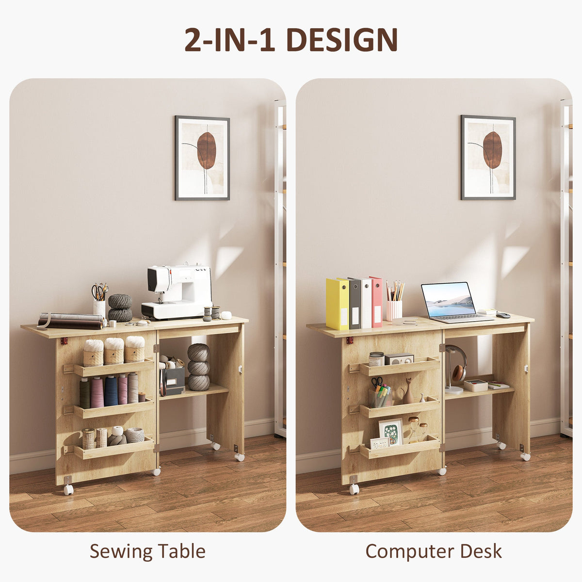 Sewing Machine Cabinet, Folding Sewing Table with Storage Shelf, Bins and Lockable Wheels for Small Space, Brown