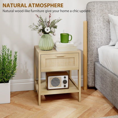Narrow Nightstand with Rattan Elements, Bedside Table with Drawer and Storage Shelf for Bedroom, Natural