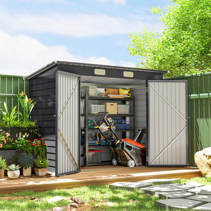 8 x 4FT Galvanized Garden Storage Shed, Metal Outdoor Shed with Double Doors and 2 Vents, Oak
