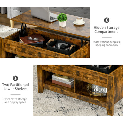 Lift Top Coffee Table with Hidden Storage Compartment and Open Shelves, Lift Tabletop Pop-Up Center Table for Living Room, Dark Walnut