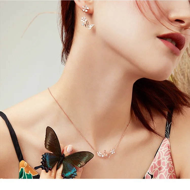 Delicate Beauty: Korean Style 925 Sterling Silver Butterfly and Flower Choker Necklace