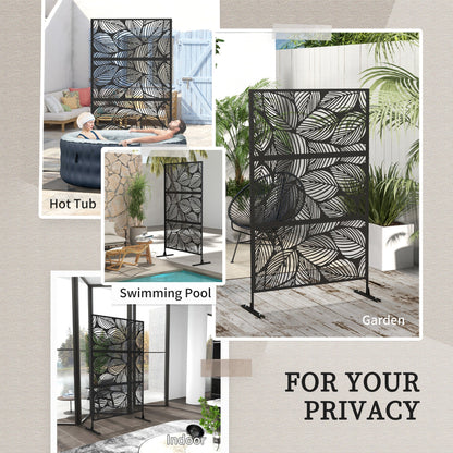 6.5FT Decorative Outdoor Divider, Metal Privacy Screen with Stand, Leaf Style, Black