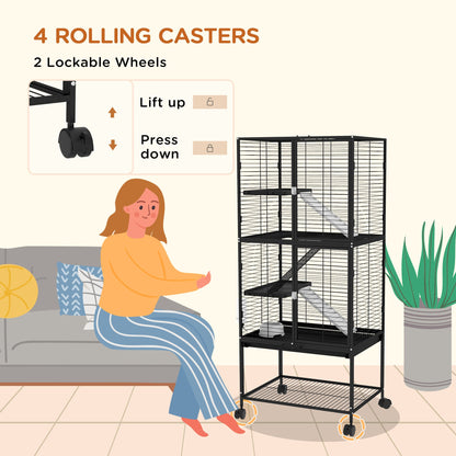 Rolling Small Animal Cage 34"H Chinchilla Cage for Ferrets, Squirrels w/ Removable Tray, Storage Shelf, Black