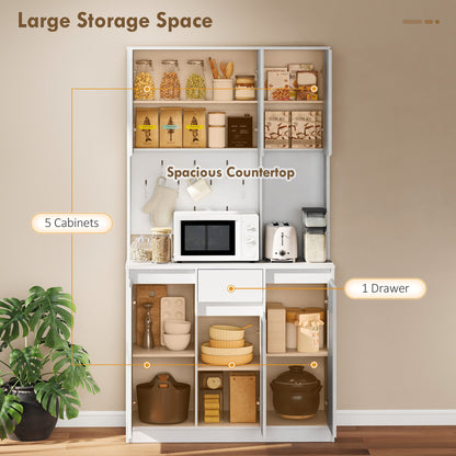 71" Pantry Cabinet with Charging Station, Kitchen Storage Cabinet with Microwave Stand, Pegboard, 6 S-hooks, Black
