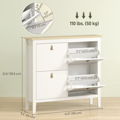 Narrow Shoe Cabinet with 2 Flip Drawers, Adjustable Shelves for Entryway, Holds 10-14 Pairs, White