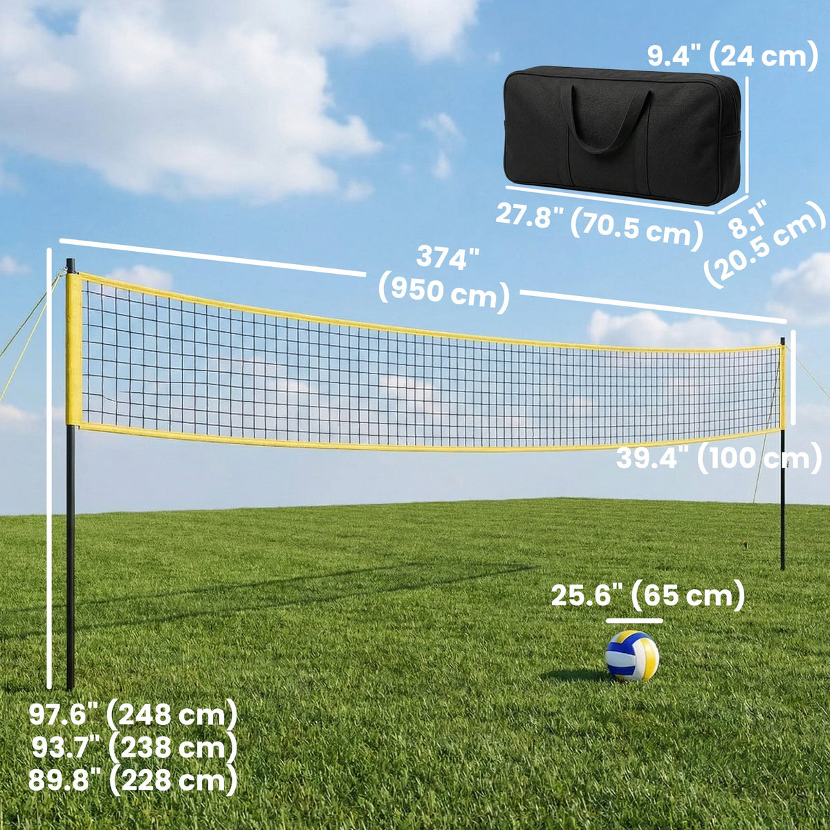 31ft Portable Volleyball Net Set with Adjustable Height Steel Poles, Volleyball, Boundary Line and Carrying Bag