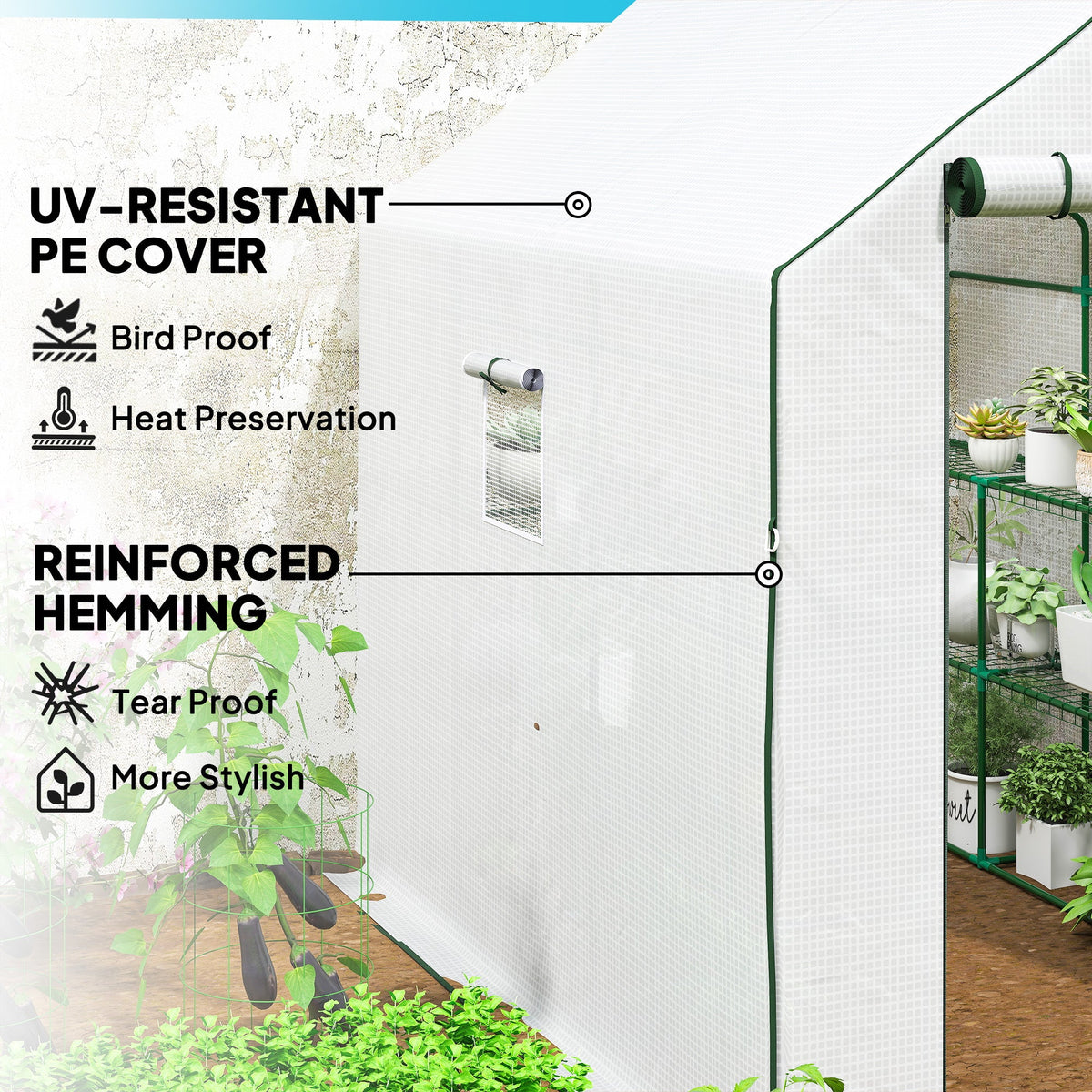 Walk-in Greenhouse with 3 Tier, Garden Plant Growhouse with Roll-up Door and Mesh Windows, 140 x 213 x 190 cm, Green
