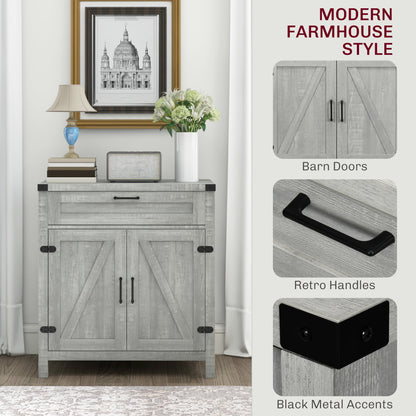Farmhouse Kitchen Storage Cabinet, Sideboard Buffet Cabinet with 2 Rustic Barn Doors and Drawer, Oak
