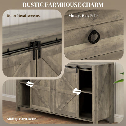 60" Buffet Cabinet, Farmhouse Sideboard with Sliding Barn Doors, Drawers and Adjustable Shelves, Cream White