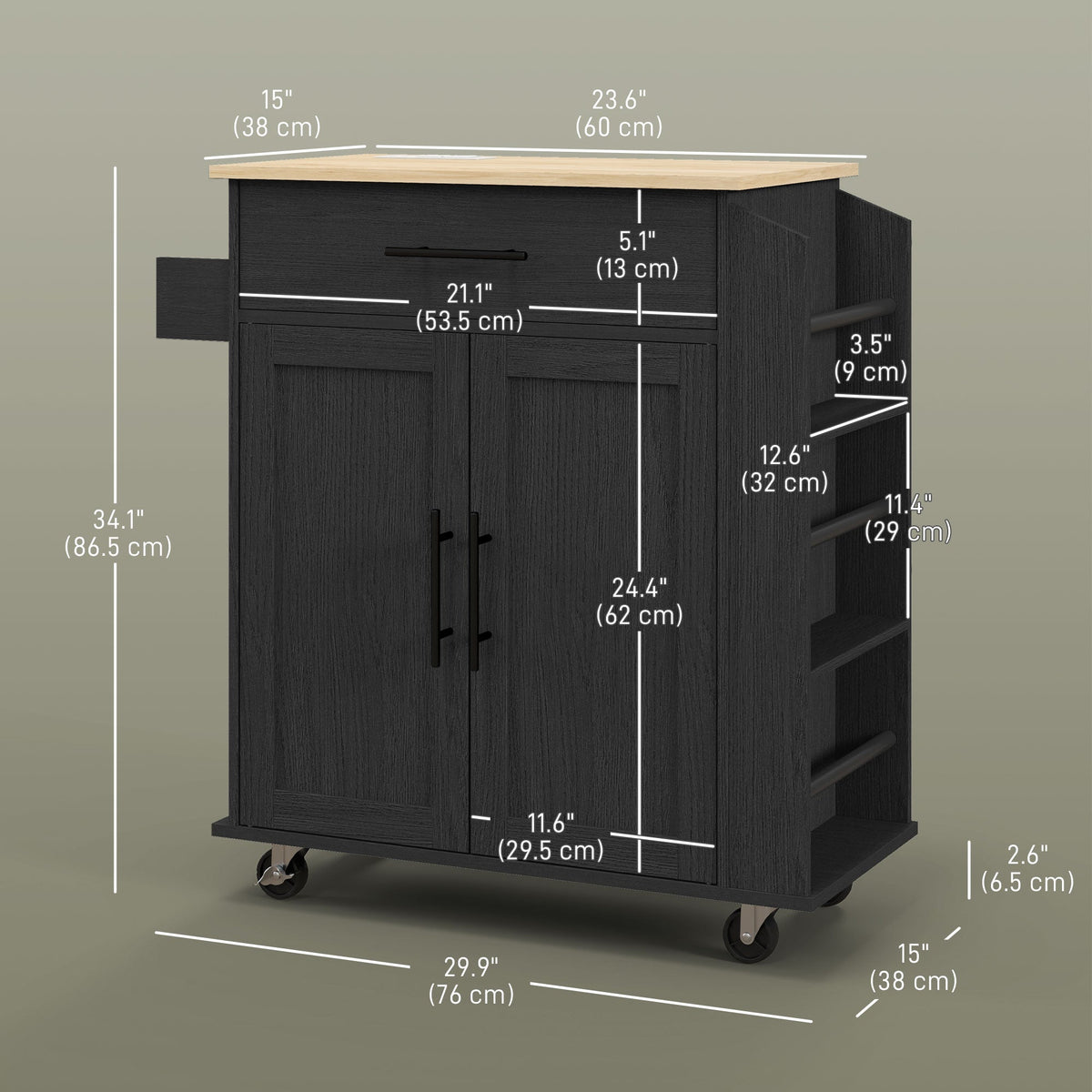 Rolling Island with Wheels for Kitchen, Kitchen Island on Rollers with Power Outlets, Drawer and Doors