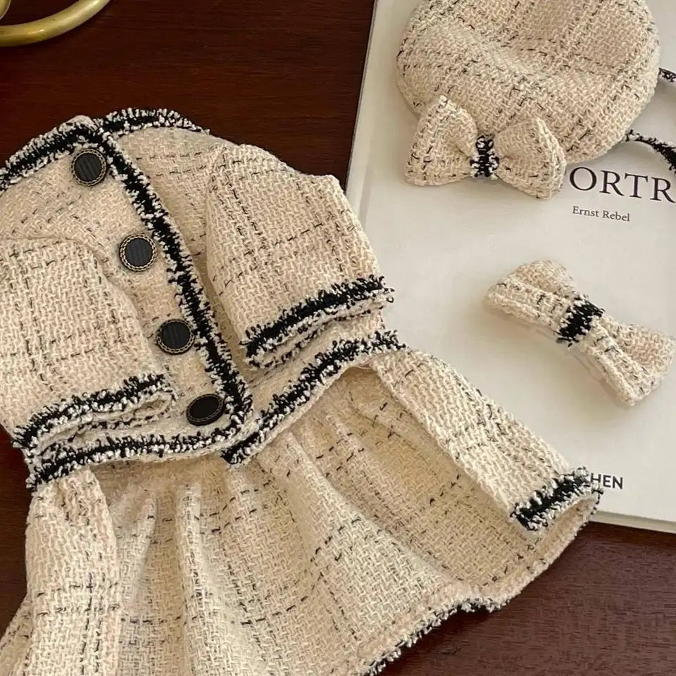 French Vanilla Soft Dog Skirt Set | Outfit with Hat and Bow