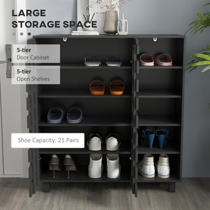 Shoe Cabinet, 21 Pair Shoe Storage Cabinet Organizer with 5-tier Double Door Cupboard and 5-tier Open Shelves, Black
