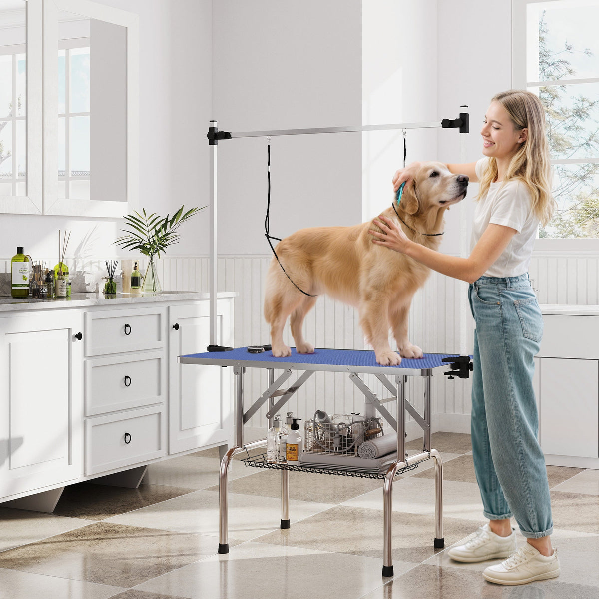 Adjustable Dog Grooming Table with 2 Safety Slings, Storage Basket, Black