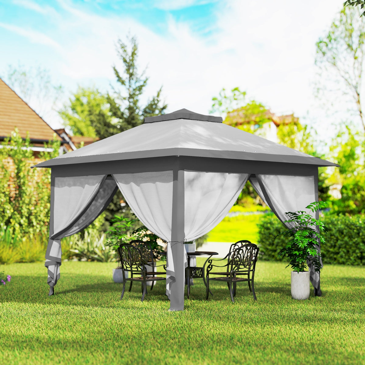 11' x 11' Pop Up Gazebo, Double Roof Foldable Height Adjustable Canopy Tent with Mesh Sidewalls, Carrying Bag, Beige