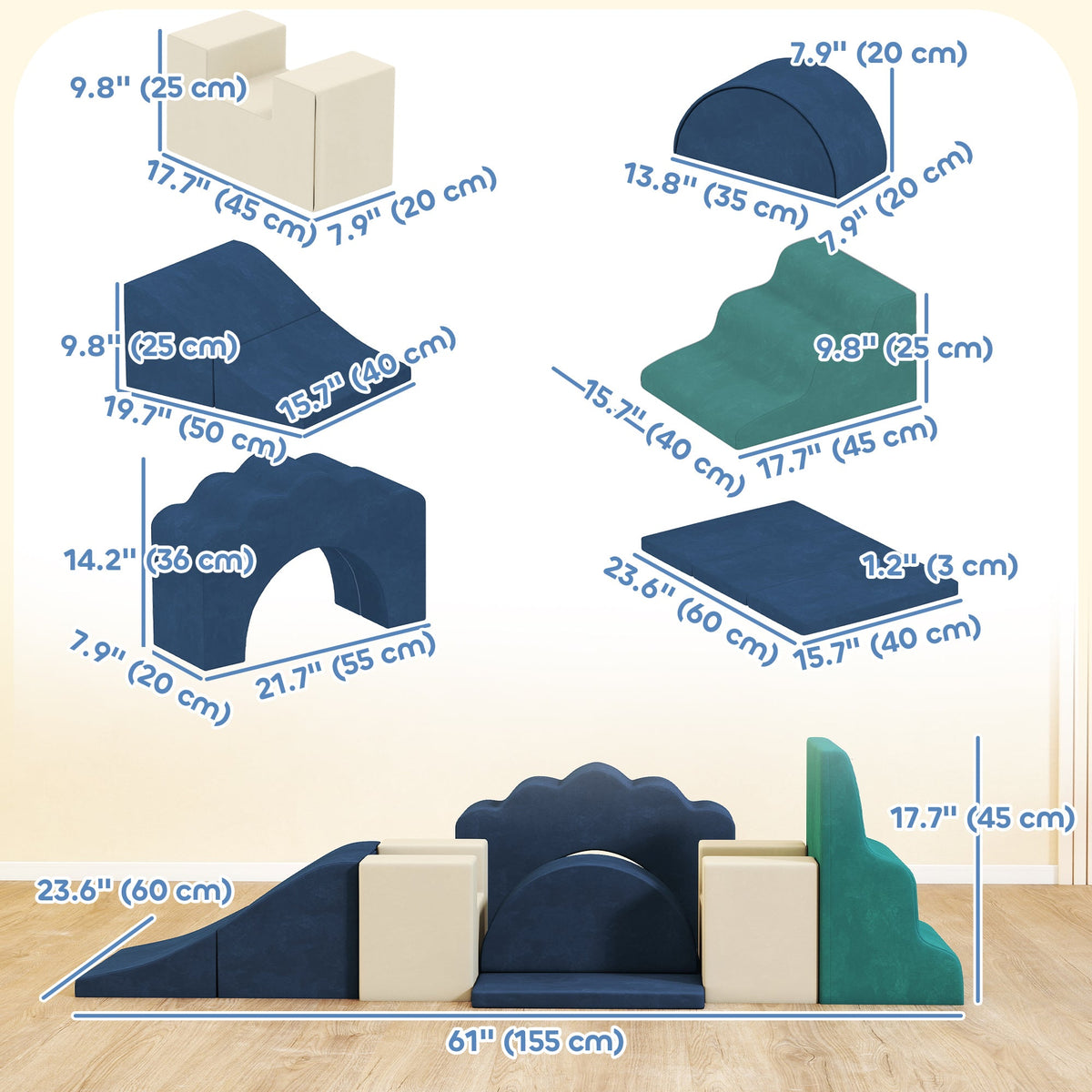 7-Piece Baby Soft Play Set, Indoor Soft Play Gym Activity Play Set for Crawling, Sliding and Playing, Navy Blue