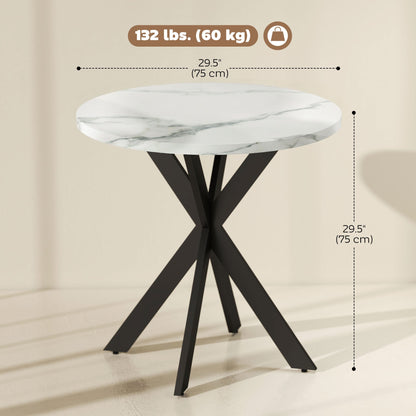 29" Dining Table, Contemporary Round Kitchen Table with Steel Legs, White Marble-Effect