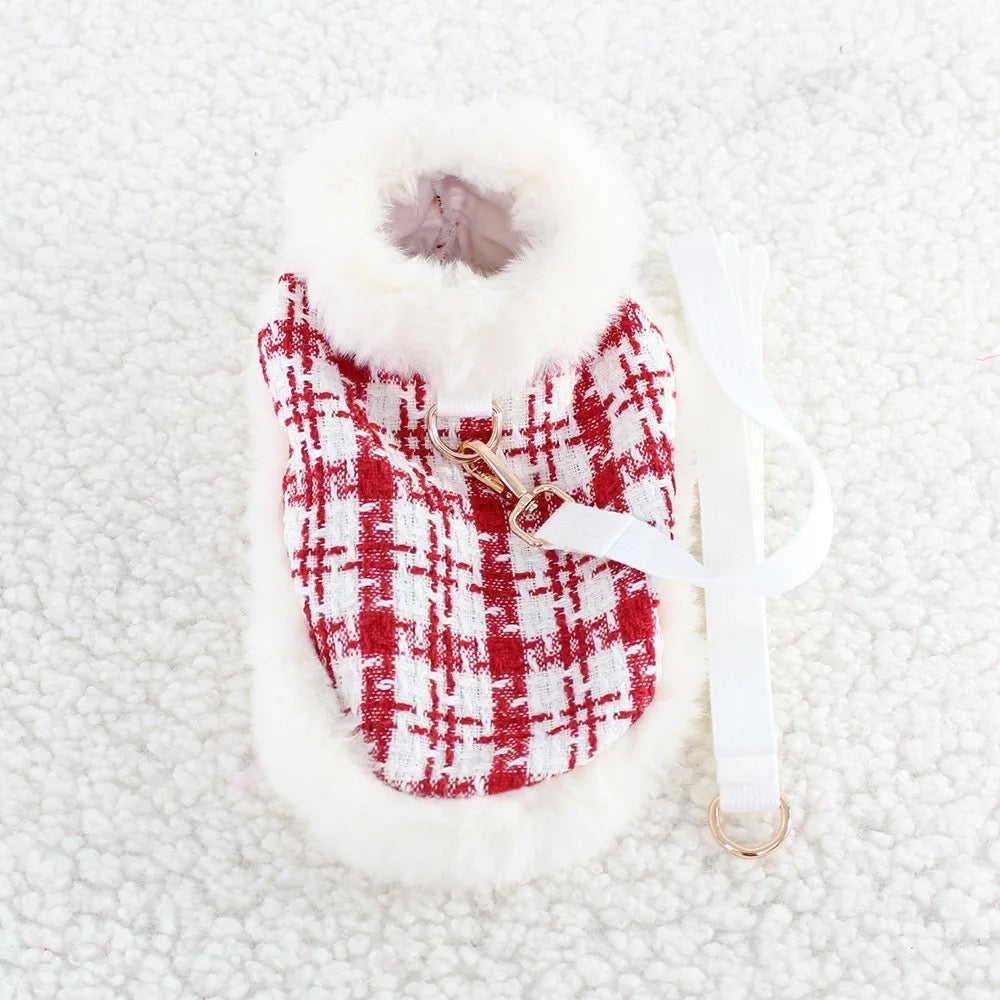 Miss Claws Holiday Tweed Dog Set | Harness Leash and Hat Outfit