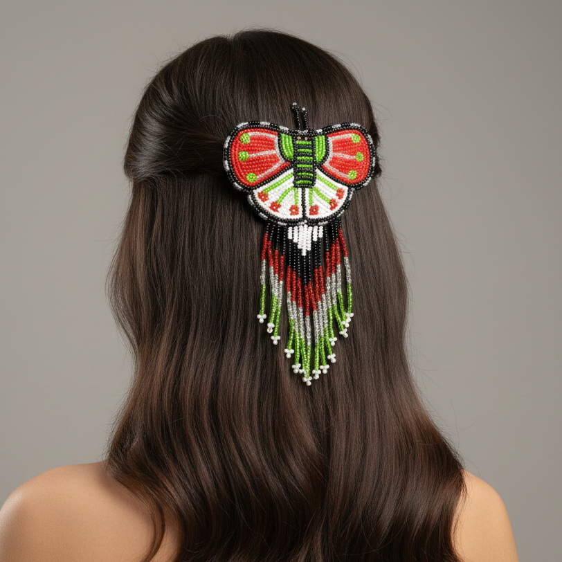 Butterfly Beaded Barrettes with Fringes Red& Green