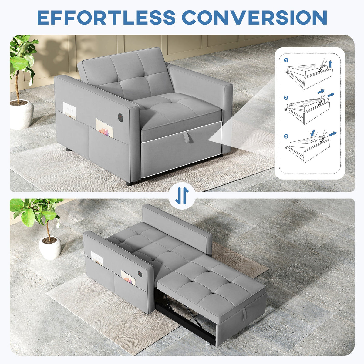 Convertible Chair Bed, Pull Out Sleeper Chair with USB, Adjustable Backrest, Small Velvet Futon Sofa Bed, Cream White