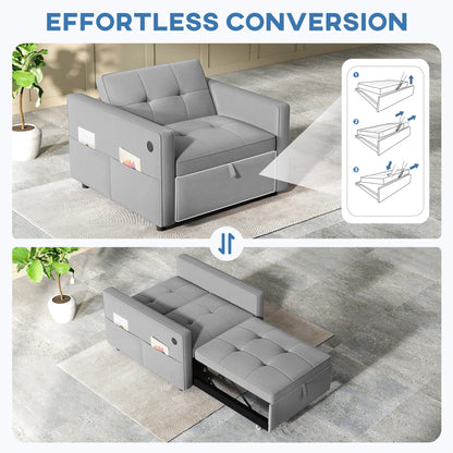 Convertible Chair Bed, Pull Out Sleeper Chair with USB, Adjustable Backrest, Small Velvet Futon Sofa Bed, Cream White