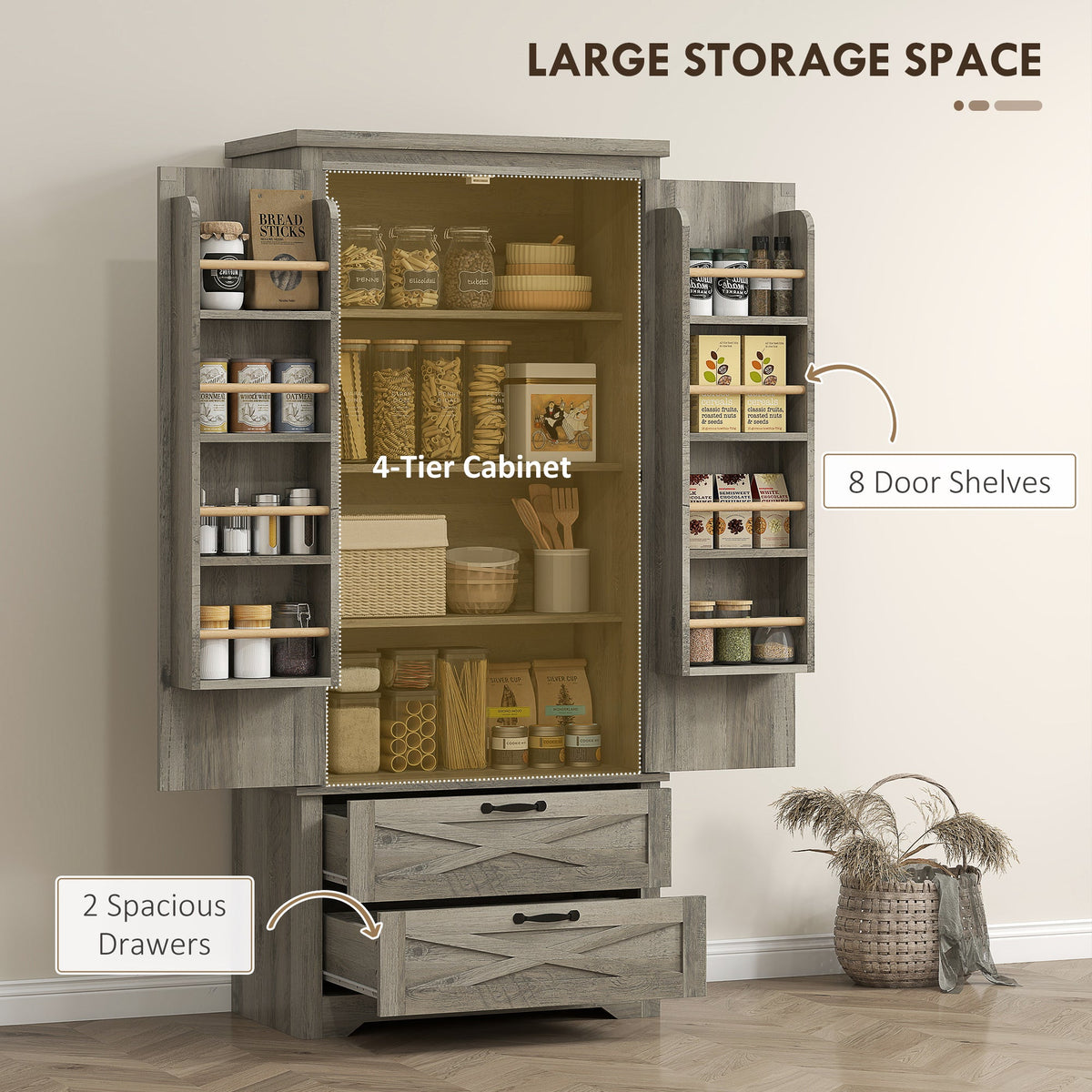 Farmhouse Kitchen Pantry Storage Cabinet, 64" Freestanding Kitchen Pantry Cabinet with Drawers, Distressed Black
