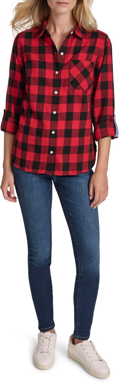 Nautica Jeans Women's Lake Check Roll-Tab-Sleeve Button-Up Shirt