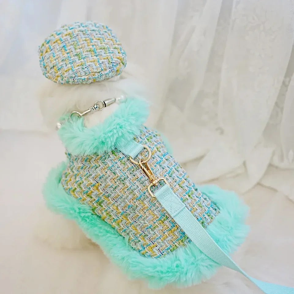 Riviera Tweed Dog Harness Set | Harness Hat and Leash Outfit