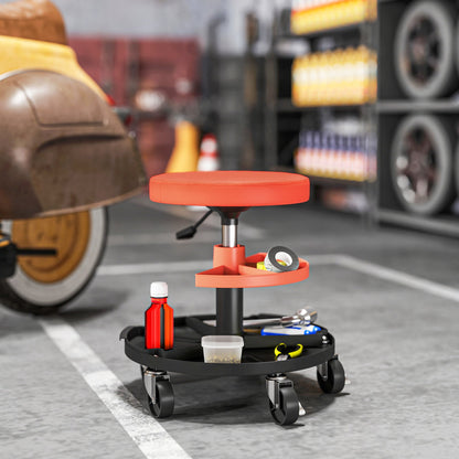Rolling Garage Stool, 300 LBS Capacity Mechanic Stool with 2.5" Wheels, Tool Trays Storage, Adjustable Height, Red