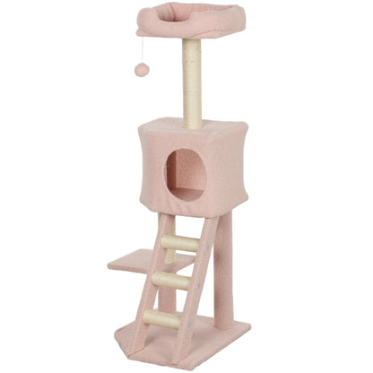 47" Tall Cat Tree Tower with Condo, Ladder, Scratching Posts and Hanging Ball, Light Grey