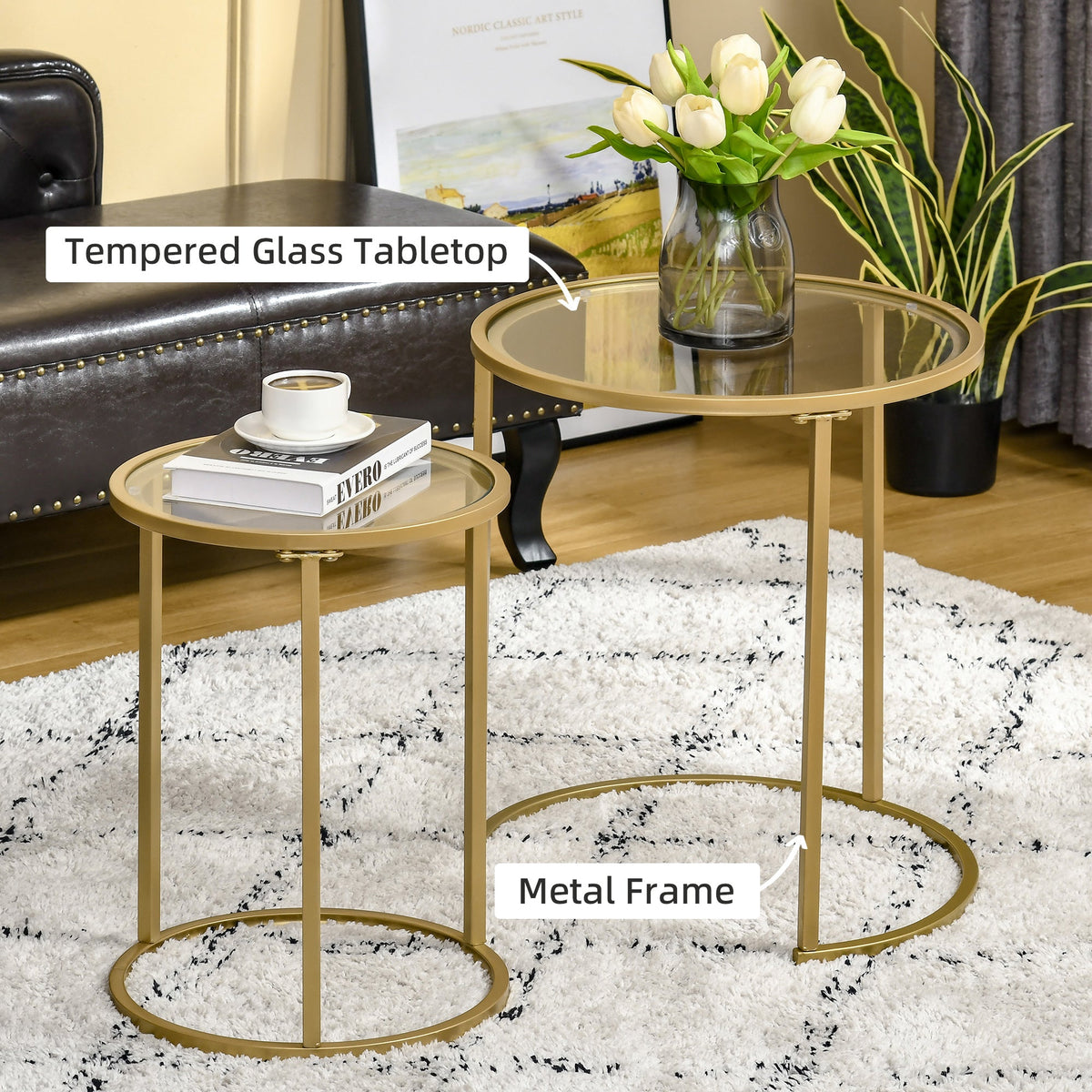 Set of 2 Nesting Coffee Tables with Metal Base, Round Side Table with Tempered Glass Tabletop for Living Room, Bedroom, Black