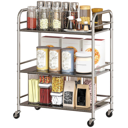 3 Tier Stainless Steel Rolling Cart with Adjustable Shelf, Utility Cart on Wheels with Handles for Kitchen, Silver