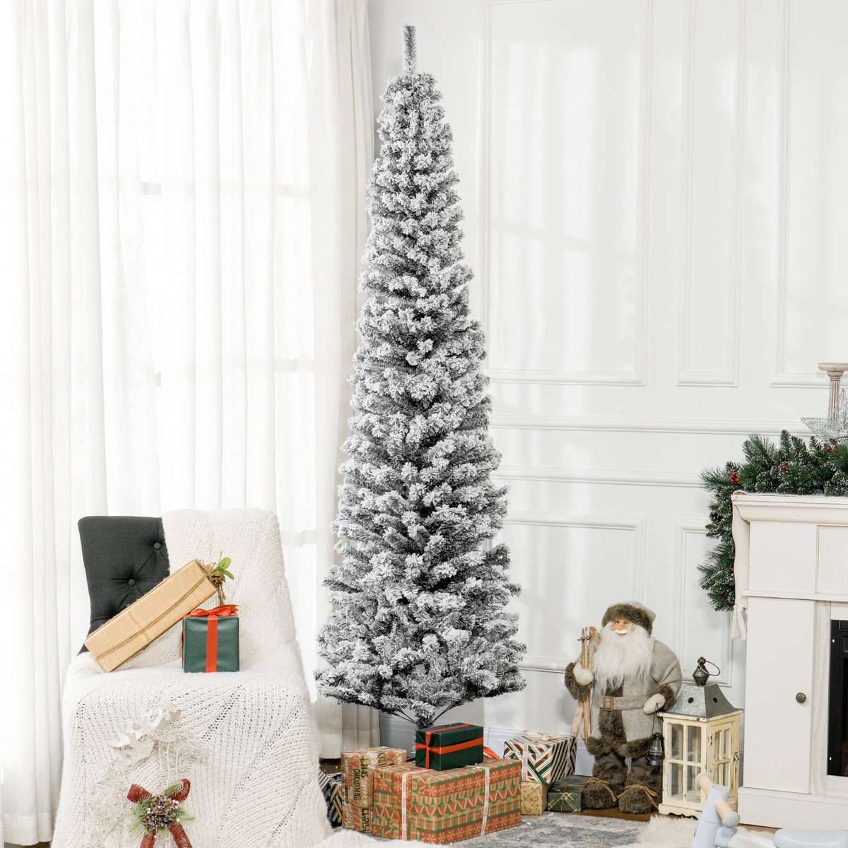 6ft Flocked Christmas Tree, Pencil Christmas Tree with Realistic Branch Tips, Folding Metal Stand, Green