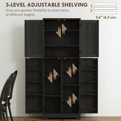 64" Tall Kitchen Pantry Cabinet with Spice Racks and Adjustable Shelves, Black Wood Grain