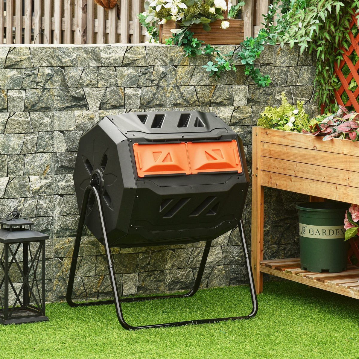 43 Gallon (160L) Tumbling Compost Bin Outdoor Dual Chamber 360° Rotating Composter with Sliding Doors, Solid Steel Frame and Gloves, Black