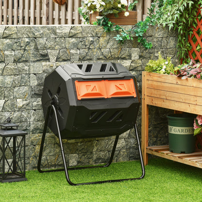43 Gallon (160L) Tumbling Compost Bin Outdoor Dual Chamber 360° Rotating Composter with Sliding Doors, Solid Steel Frame and Gloves, Black