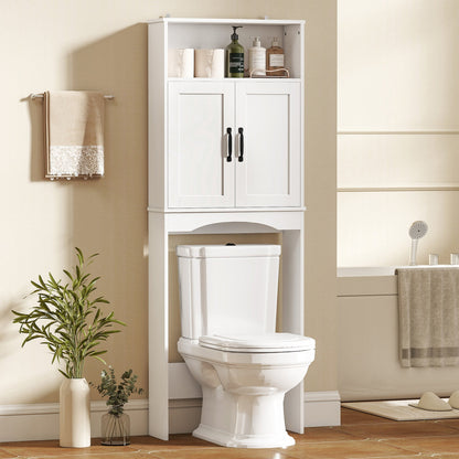 Over the Toilet Storage Cabinet Freestanding Bathroom Organizer with 2 Doors and Open Shelf Black