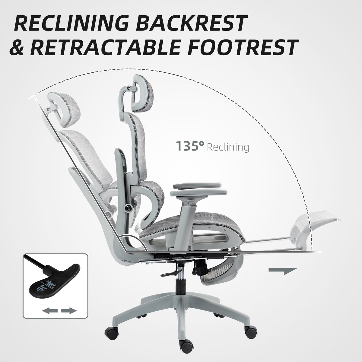 Mesh Office Chair with 3D Armrest, High Back Desk Chair with Lumbar Support, 135° Reclining, Adjustable Headrest, Black